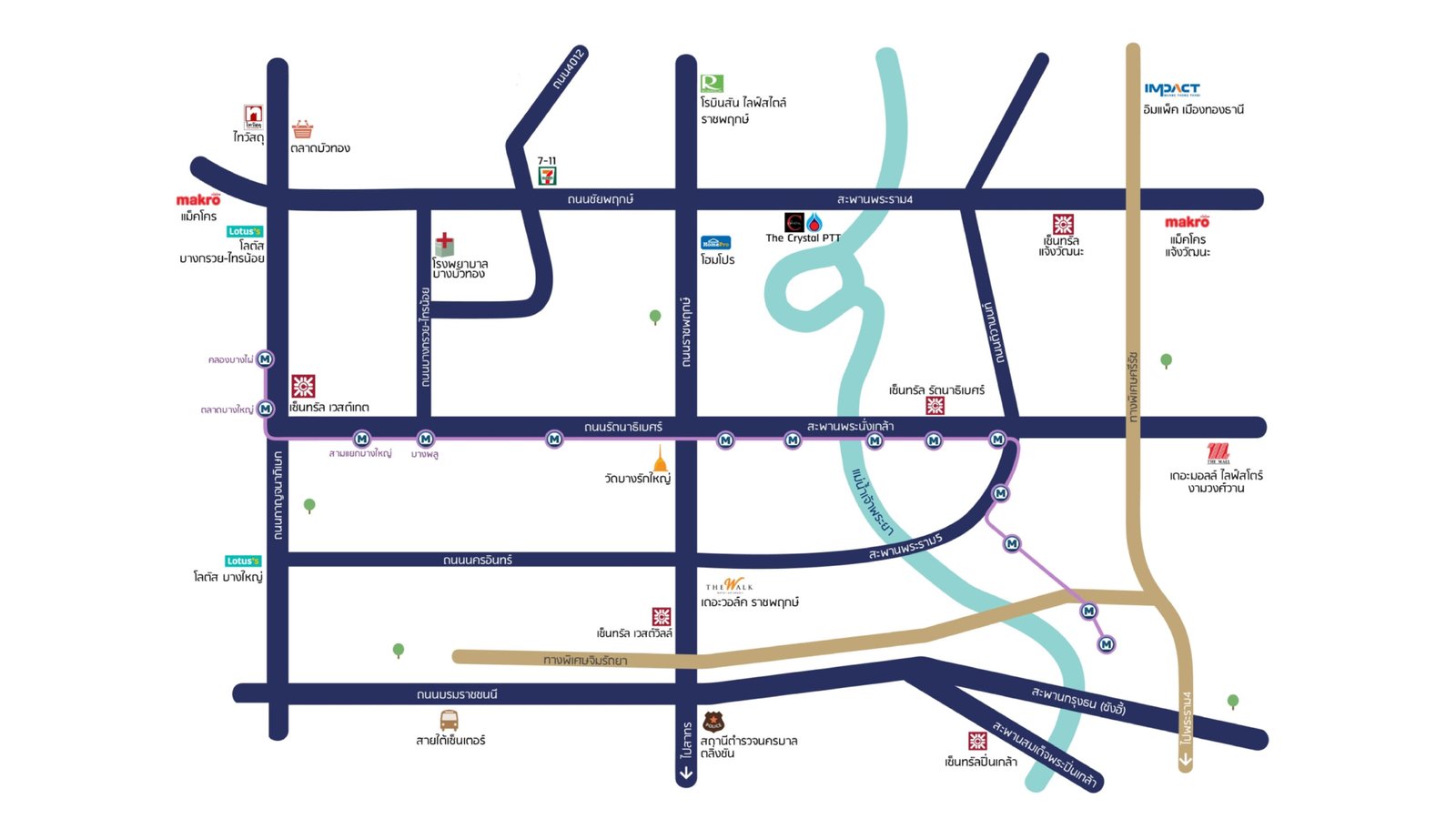แผนที่ทำเลบ้านชัยพฤกษ์ แสดงระยะทางถึงห้าง โรงเรียน โรงพยาบาล และ MRT คลองบางไผ่