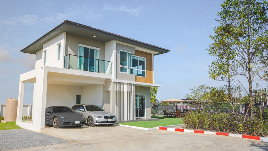 บ้านเดี่ยวสองชั้นโมเดิร์น โครงการ Water Front พร้อมโรงจอดรถ 2 คันและสวนข้างบ้าน