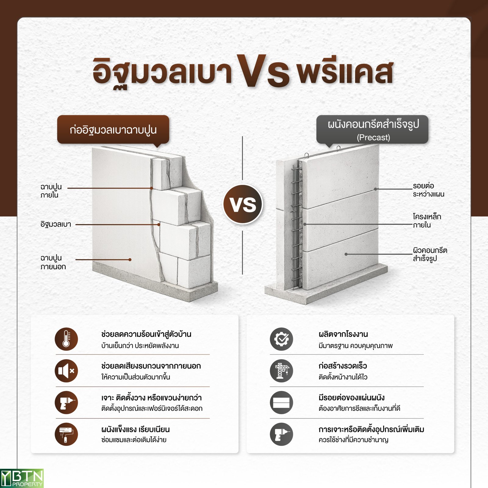  อินโฟกราฟิกเปรียบเทียบผนังอิฐมวลเบาฉาบปูน กับผนังคอนกรีตสำเร็จรูป Precast แสดงโครงสร้างและข้อดีแต่ละแบบ โดย BTN Property